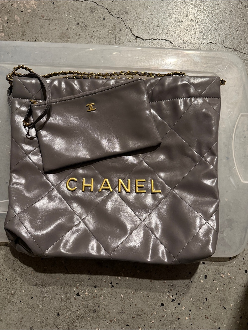 CHANEL Quilted Leather Tote in Pearl Gray with Gold Logo